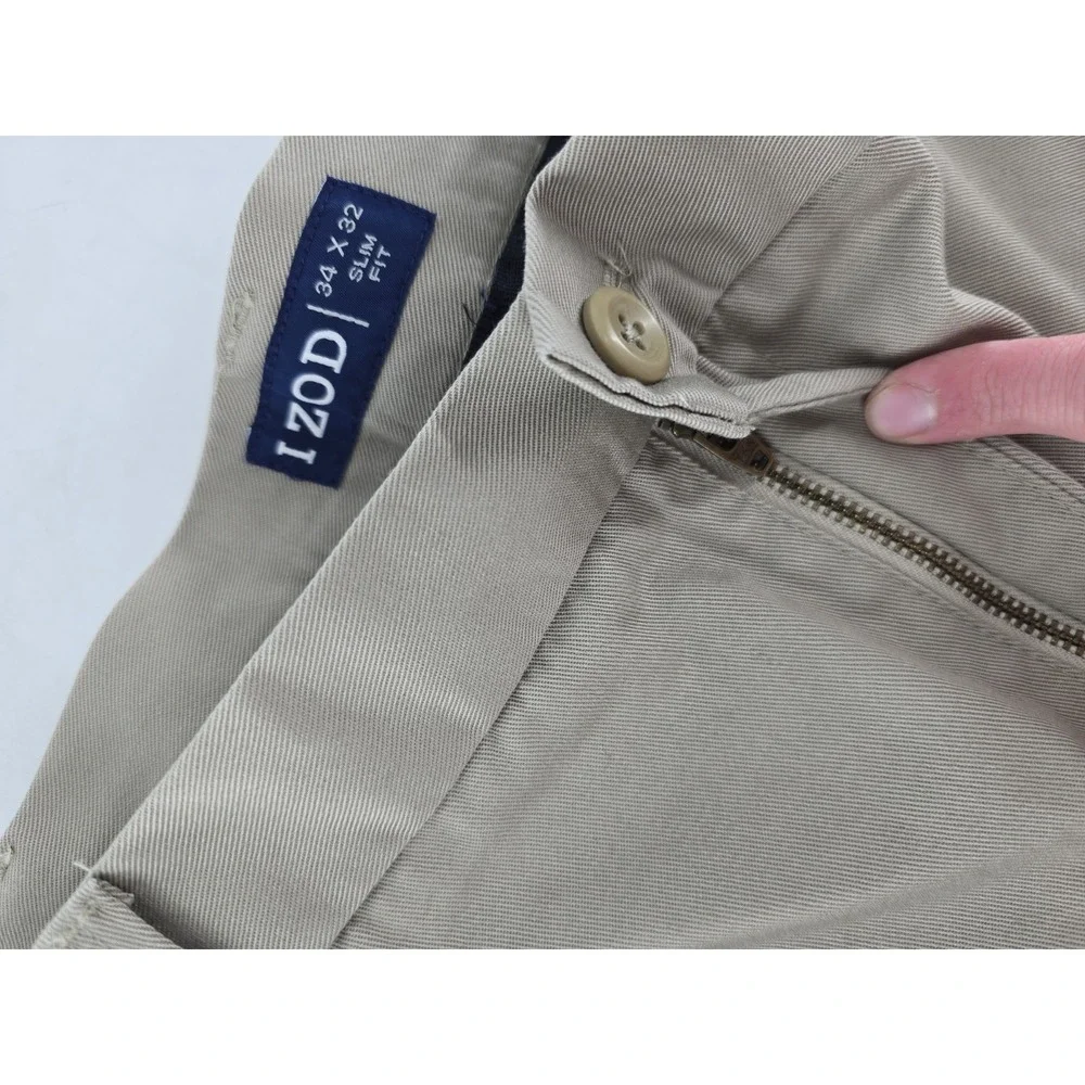 IZOD Slim Fit‎ Straight Leg American Chino Pants Men's 34x32 Tan Flat Front